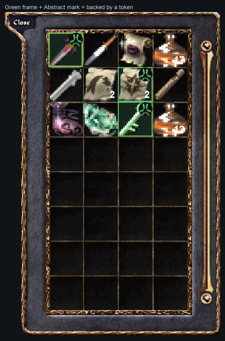 Inventory with token-backed items outlined in green